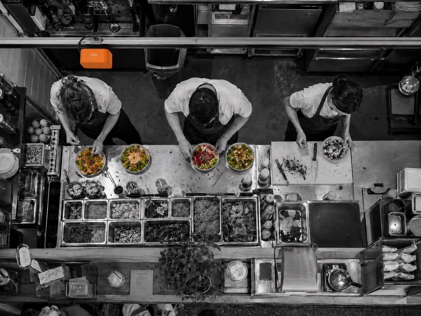 Overhead view of the assembly line with per-step timings