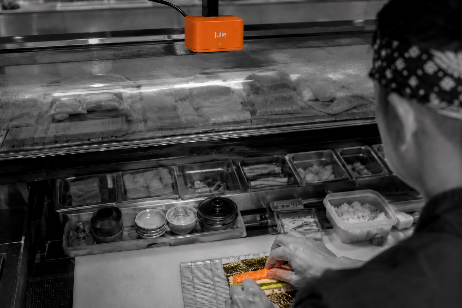 Julie mounted above a sushi counter